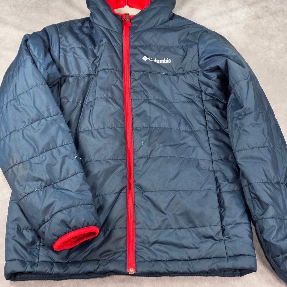 Columbia Puffer Jacket Kids L 14/16 Navy Blue Red Good Hooded Quilted Insulated